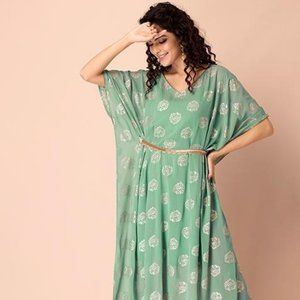 Sage Floral Foil Belted Kaftan